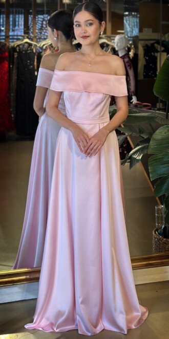 Pembe Madonna Yaka Kloş Etekli Saten Uzun Abiye Elbise 11067-06 - abiyeniall