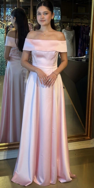 Pembe Madonna Yaka Kloş Etekli Saten Uzun Abiye Elbise 11067 - 1