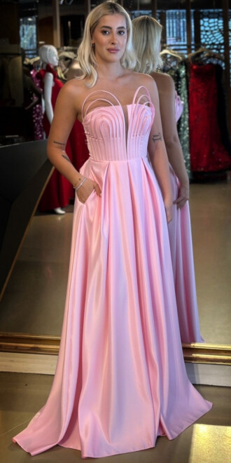 Pembe Straplez Yaka Sırt Dekolteli Kloş Etekli Saten Uzun Abiye Elbise 11088 - abiyeniall