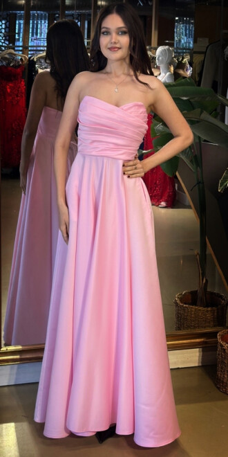 Pembe Straplez Yaka Sırt Dekolteli Kloş Etekli Saten Uzun Abiye Elbise 11120-01 - abiyeniall