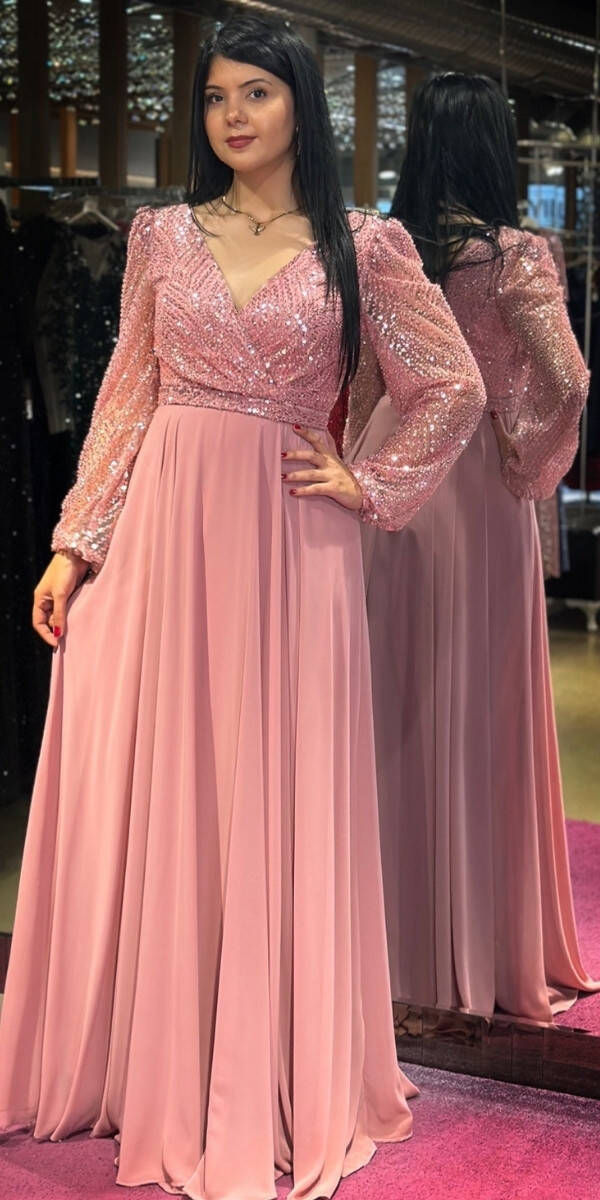 Pembe Uzun Kollu Kloş Etekli Şifon Uzun Abiye Elbise 7500 - 3