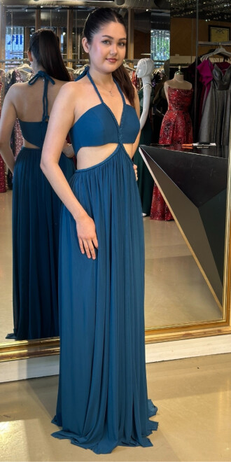 Petrol İnce Askılı Bel Detaylı Uzun Abiye Elbise 3605 - abiyeniall