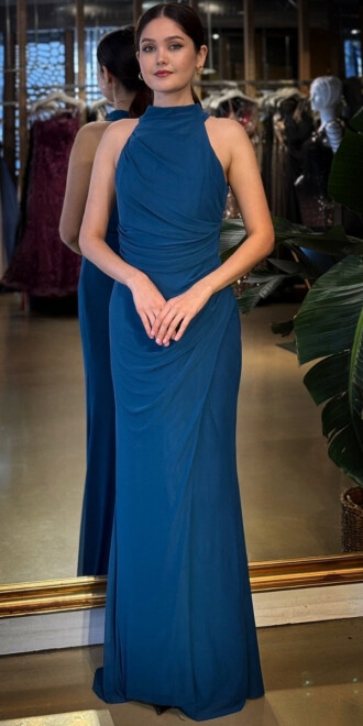 Petrol Renk Halter Yaka Yırtmaçlı Düz Kesim Likralı Tül Uzun Abiye Elbise 11084-12 - abiyeniall