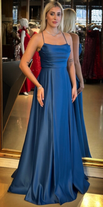 Petrol Renk İp Askılı Sırt Dekolteli Kloş Etekli Saten Uzun Abiye Elbise 7764 - abiyeniall