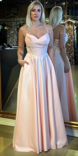 Pudra İp Askılı Sırt Dekolteli Kloş Etekli Saten Uzun Abiye Elbise 7783 - abiyeniall