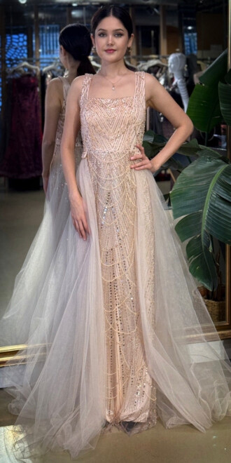 Pudra Renk Kare Yaka Kalın Askı Çıkarılabilir Kuyruk Pullu Boncuklu Uzun Abiye Elbise 11055-02 - abiyeniall