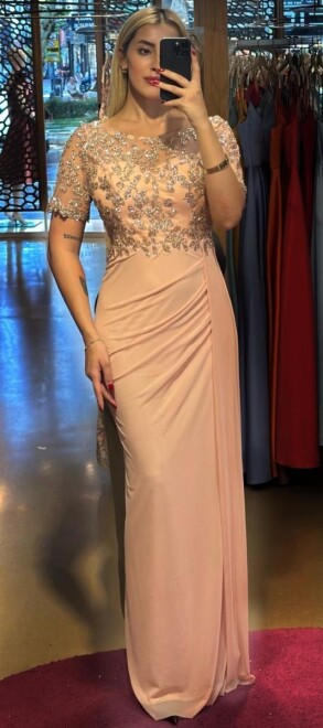 Pudra Renk Kısa Kollu Yırtmaçlı Düz Kesim Tül Uzun Abiye Elbise 7574 - abiyeniall