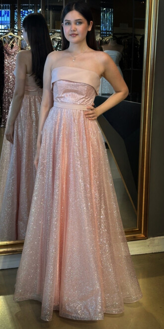 Pudra Renk Starplez Yaka Kloş Etekli Tül Uzun Abiye Elbise 7743 - abiyeniall