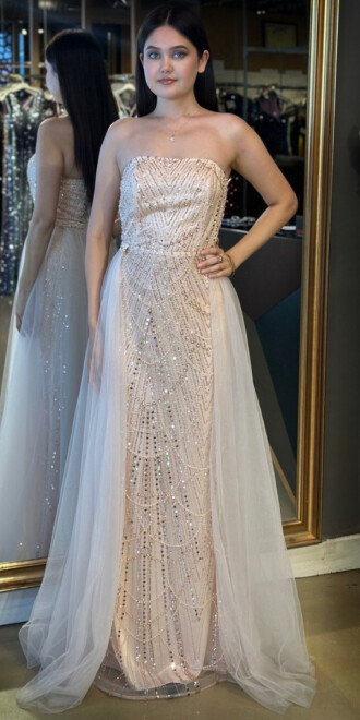 Pudra Straplez Yaka Tül Pelerin Etekli Pullu Boncuklu Uzun Abiye Elbise 7705 - abiyeniall