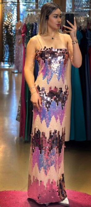 Pudra Yırtmaçlı Düz Kesim Uzun Abiye Elbise 7516 - abiyeniall