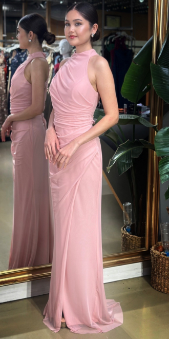 Rose Halter Yaka Yırtmaçlı Düz Kesim Likralı Tül Uzun Abiye Elbise 11084-06 - 2