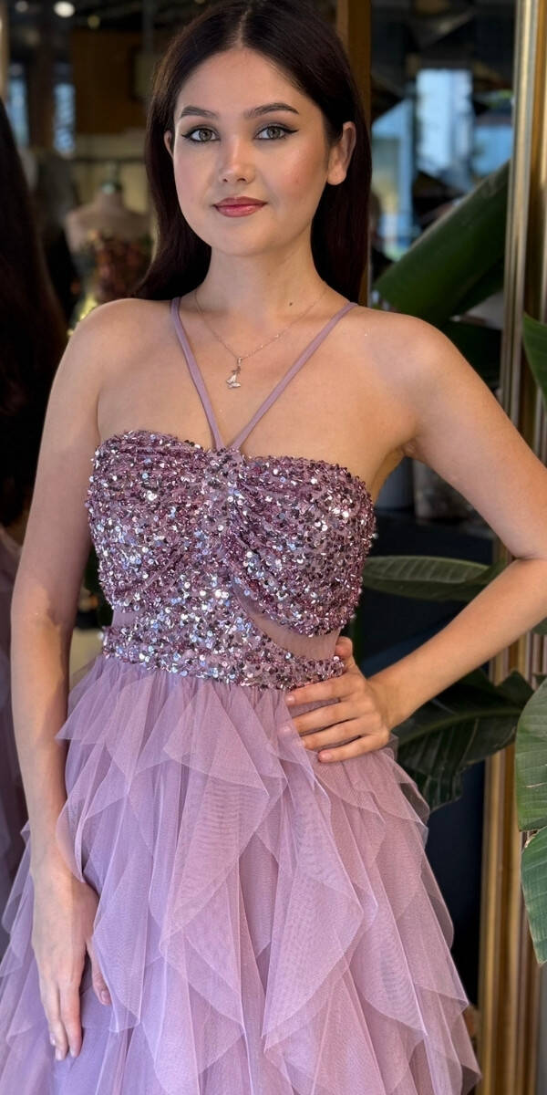 Rose İp Askılı Bel Dekolteli Kloş Etekli Likralı Tül Uzun Abiye Elbise 11048-03 - 3