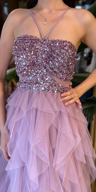 Rose İp Askılı Bel Dekolteli Kloş Etekli Likralı Tül Uzun Abiye Elbise 11048-03 - 4