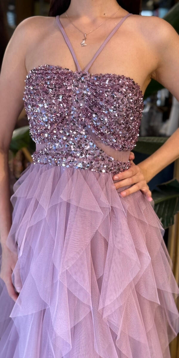 Rose İp Askılı Bel Dekolteli Kloş Etekli Likralı Tül Uzun Abiye Elbise 11048-03 - 4