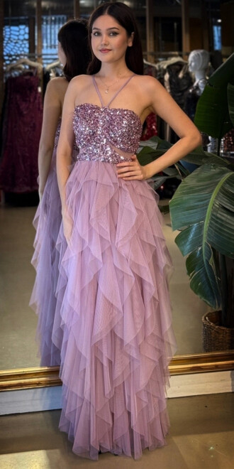 Rose İp Askılı Bel Dekolteli Kloş Etekli Likralı Tül Uzun Abiye Elbise 11048-03 - abiyeniall