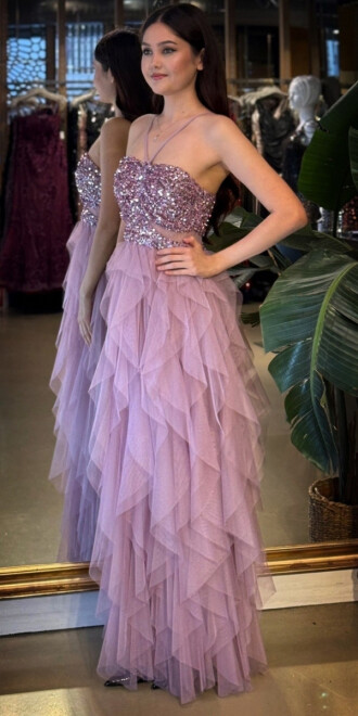 Rose İp Askılı Bel Dekolteli Kloş Etekli Likralı Tül Uzun Abiye Elbise 11048-03 - 2