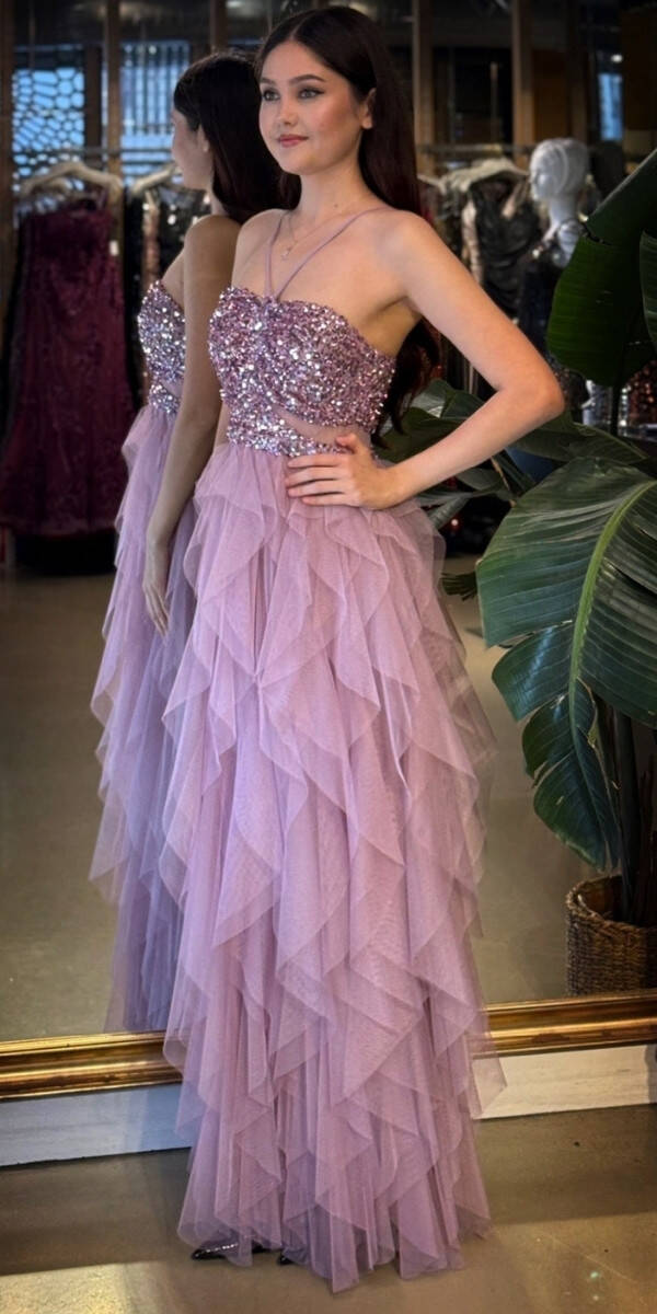 Rose İp Askılı Bel Dekolteli Kloş Etekli Likralı Tül Uzun Abiye Elbise 11048-03 - 2