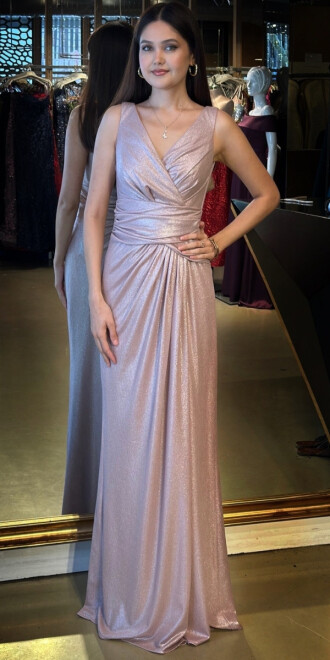 Rose Kalın Askı V Yaka Anvelop Yırtmaçlı Düz Kesim Simli Uzun Abiye Elbise 11074 - abiyeniall