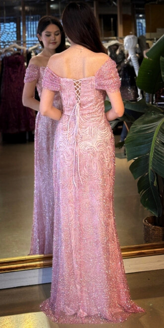 Rose Madonna Yaka Sırt Dekolteli Düz Kesim Simli Uzun Abiye Elbise 11113-03 - 5