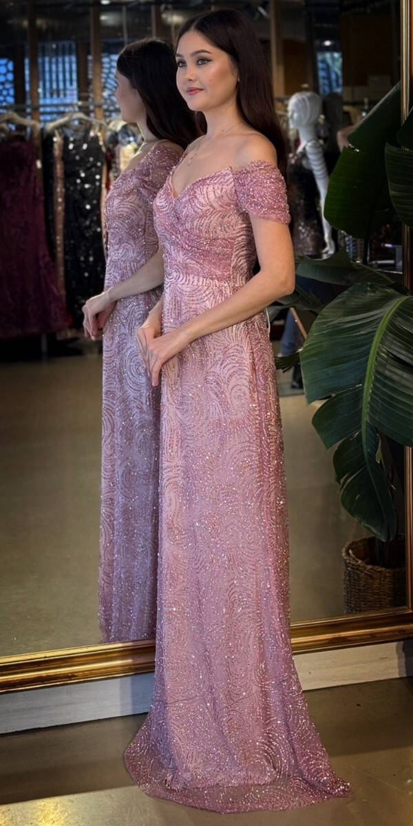 Rose Madonna Yaka Sırt Dekolteli Düz Kesim Simli Uzun Abiye Elbise 11113-03 - 2