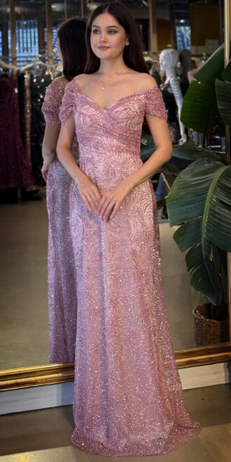 Rose Madonna Yaka Sırt Dekolteli Düz Kesim Simli Uzun Abiye Elbise 11113-03 - abiyeniall