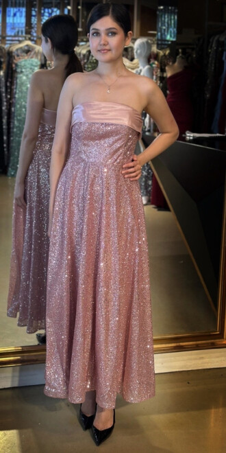 Rose Straplez Yaka Kloş Etekli Simli Midi Abiye Elbise 7776 - abiyeniall