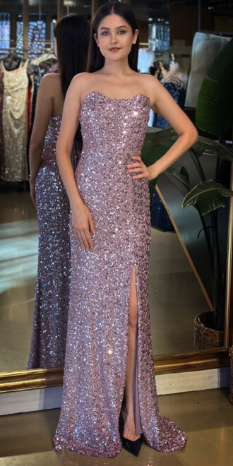 Rose Straplez Yaka Sırt Dekolteli Yırtmaçlı Düz Kesim Payet Uzun Abiye Elbise 11093-06 - abiyeniall