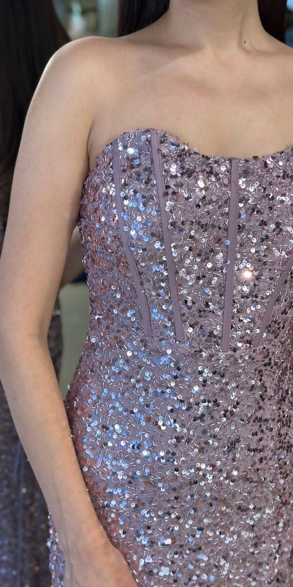 Rose Straplez Yaka Sırt Dekolteli Yırtmaçlı Düz Kesim Payet Uzun Abiye Elbise 11093-06 - 4