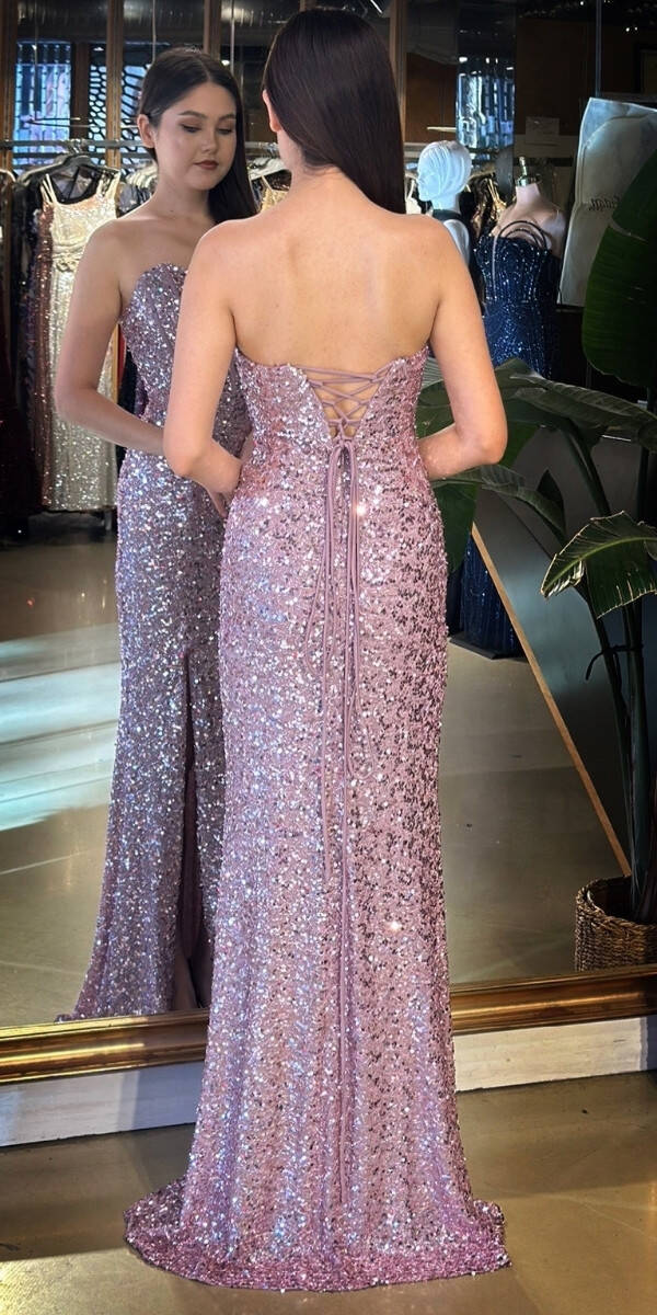 Rose Straplez Yaka Sırt Dekolteli Yırtmaçlı Düz Kesim Payet Uzun Abiye Elbise 11093-06 - 5