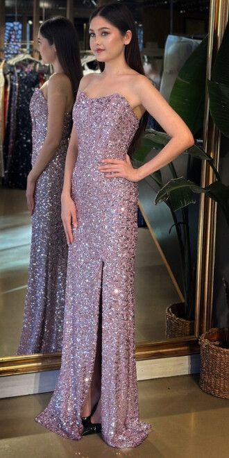 Rose Straplez Yaka Sırt Dekolteli Yırtmaçlı Düz Kesim Payet Uzun Abiye Elbise 11093-06 - 2