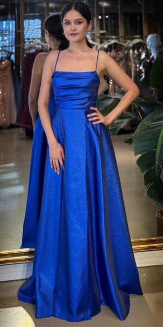 Saks Degaje Yaka İp Askılı Sırt Dekolteli Kloş Etekli Saten Uzun Abiye Elbise 11104-01 - abiyeniall