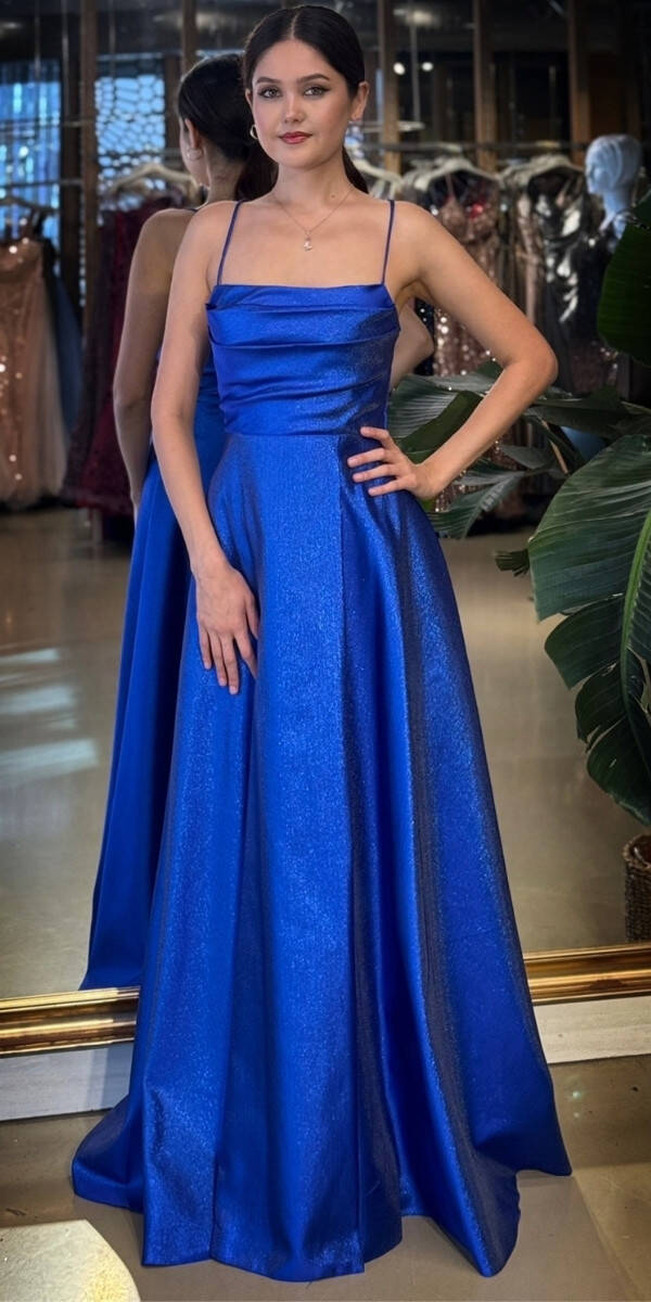 Saks Degaje Yaka İp Askılı Sırt Dekolteli Kloş Etekli Saten Uzun Abiye Elbise 11104-01 - 1