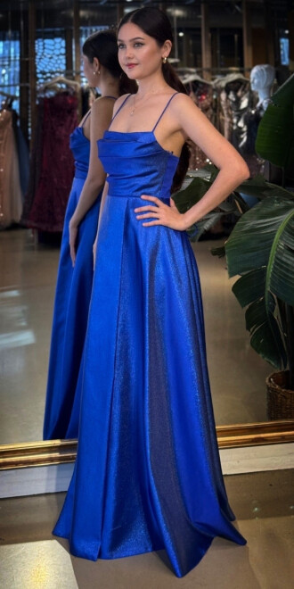 Saks Degaje Yaka İp Askılı Sırt Dekolteli Kloş Etekli Saten Uzun Abiye Elbise 11104-01 - 2