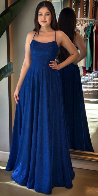 Saks İp Askılı Sırt Dekolteli Kloş Etekli Simli Uzun Abiye Elbise 7601 - abiyeniall