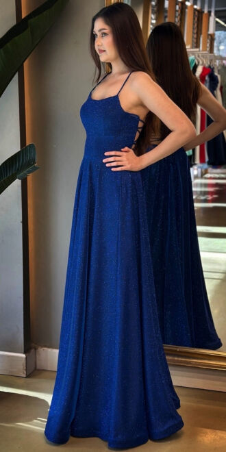 Saks İp Askılı Sırt Dekolteli Kloş Etekli Simli Uzun Abiye Elbise 7601 - 3