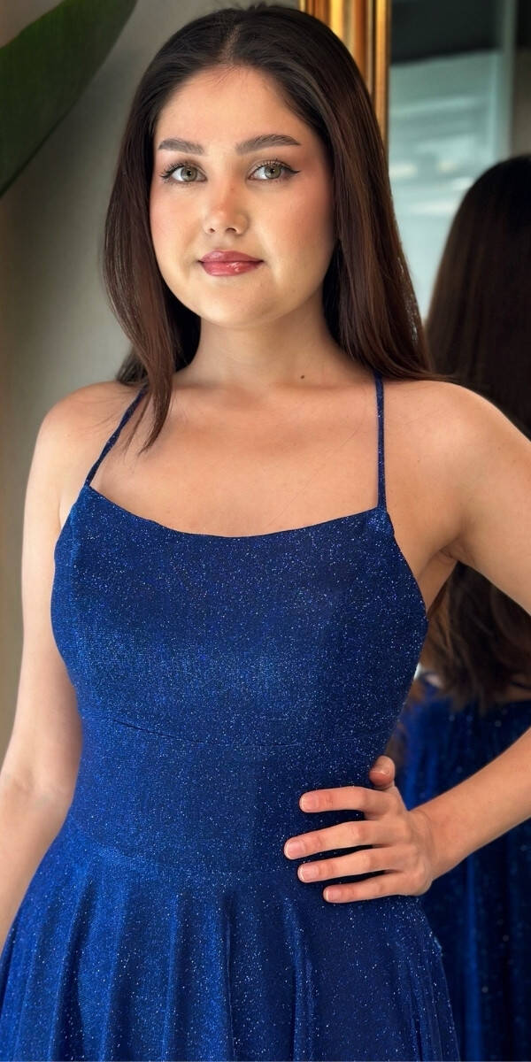 Saks İp Askılı Sırt Dekolteli Kloş Etekli Simli Uzun Abiye Elbise 7601 - 2