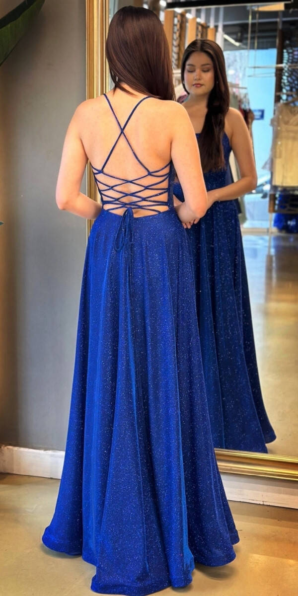 Saks İp Askılı Sırt Dekolteli Kloş Etekli Simli Uzun Abiye Elbise 7601 - 5