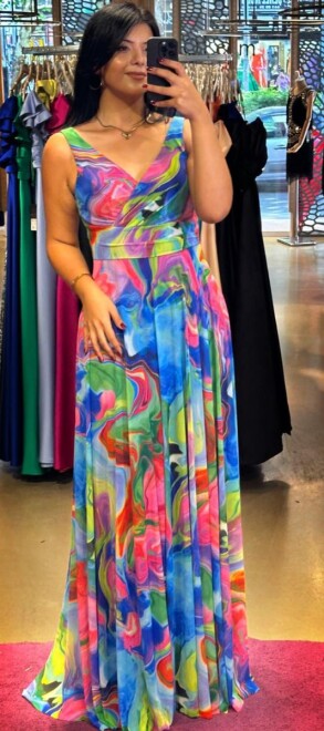 Saks Kalın Askı Kloş Etekli Desenli Uzun Abiye Elbise 7617 - abiyeniall