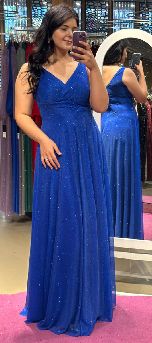Saks Kalın Askı Kloş Etekli Simli Kumaş Uzun Abiye Elbise 7117 - 1
