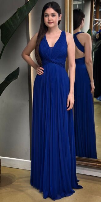 Saks Kalın Askı Sırt Dekolteli Kloş Etekli Şiifon Tül Uzun Abiye Elbise 7645 - abiyeniall