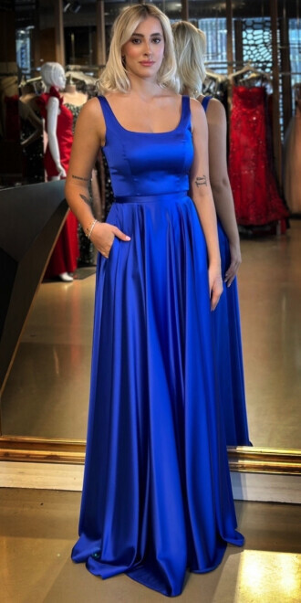 Saks Kalın Askı V Yaka Sırt Dekolteli Kloş Etekli Saten Uzun Abiye Elbise 11091 - abiyeniall