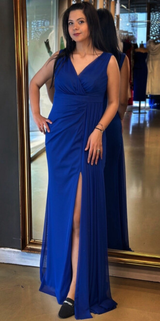 Saks Kalın Askı Yırtmaçlı Düz Kesim Likralı Uzun Abiye Elbise 7648 - abiyeniall