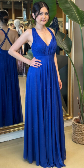 Saks Kalın Askılı Uzun Abiye Elbise 7706 - abiyeniall