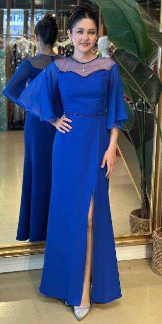 Saks Kısa Kollu Yırtmaçlı Uzun Abiye Elbise 950025 - abiyeniall