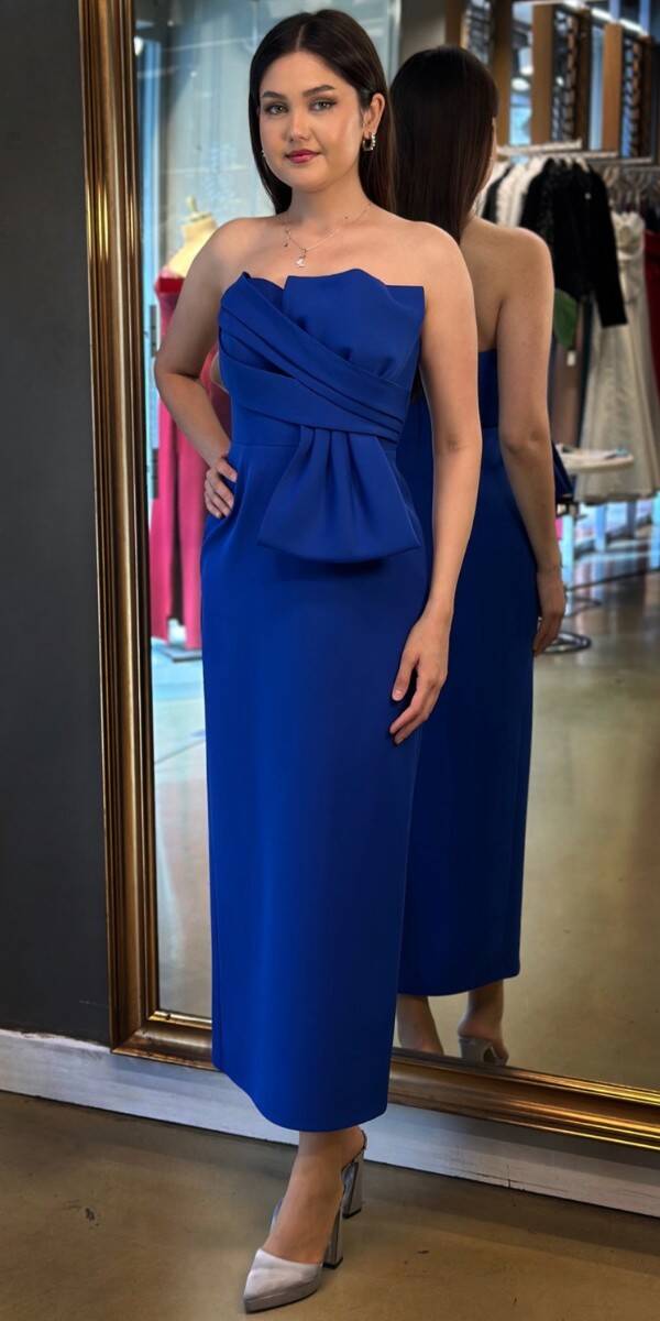 Saks Kurdele Detaylı Yırtmaçlı Düz Kesim Krep Midi Abiye Elbise 7720 - 1