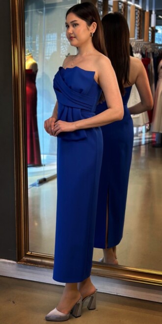 Saks Kurdele Detaylı Yırtmaçlı Düz Kesim Krep Midi Abiye Elbise 7720 - 3