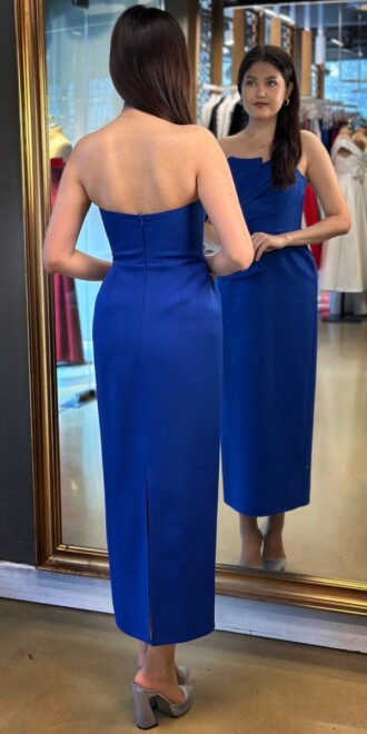 Saks Kurdele Detaylı Yırtmaçlı Düz Kesim Krep Midi Abiye Elbise 7720 - 5