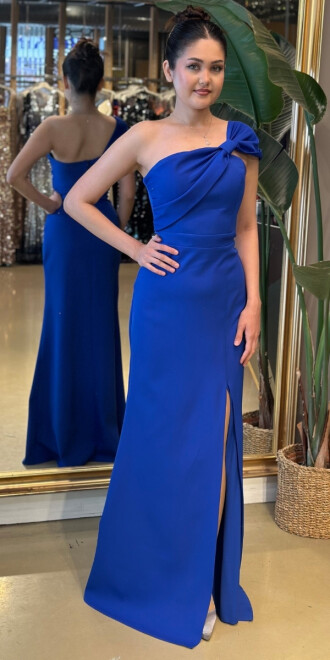 Saks Straplez Kurdele Detaylı Yırtmaçlı Uzun Abiye Elbise 95026 - abiyeniall