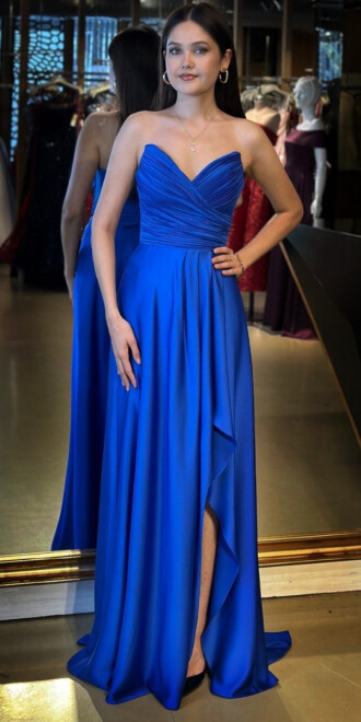 Saks Straplez Yaka Anvelop Yırtmaçlı Kloş Etekli Saten Uzun Abiye Elbise 11095 - abiyeniall