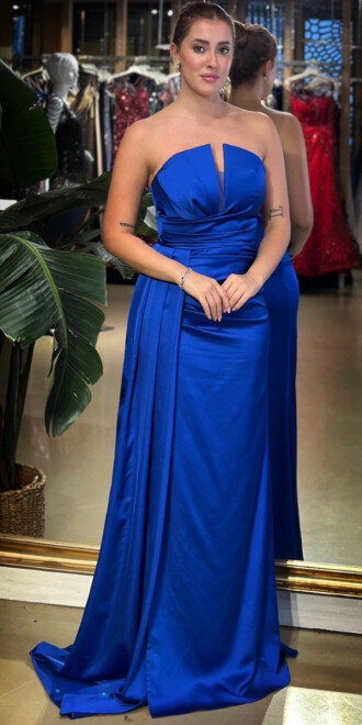 Saks Straplez Yaka Sırt Dekolteli Düz Kesim Saten Uzun Abiye Elbise 11131-03 - abiyeniall